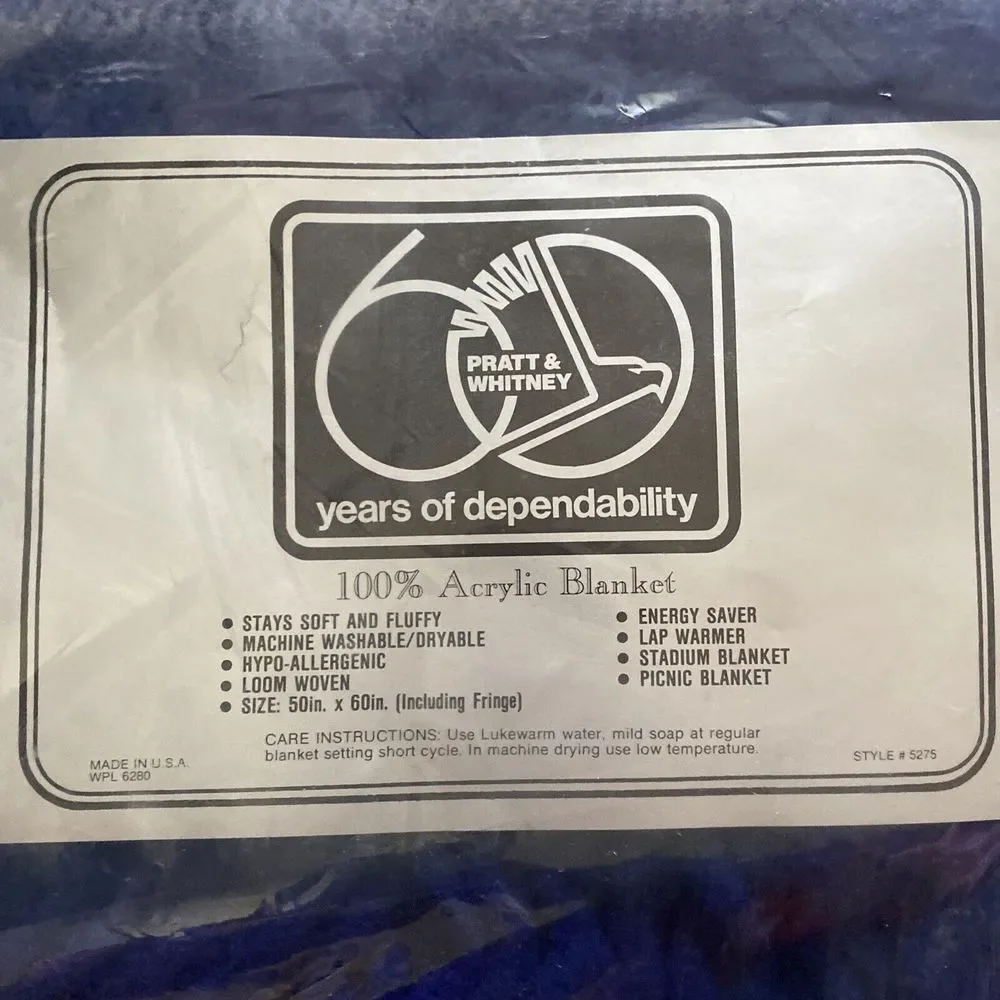NOS Pratt Whitney 60 Year‎ Promo Blanket 1985 Soft Unused Logo Blue Aviation 60